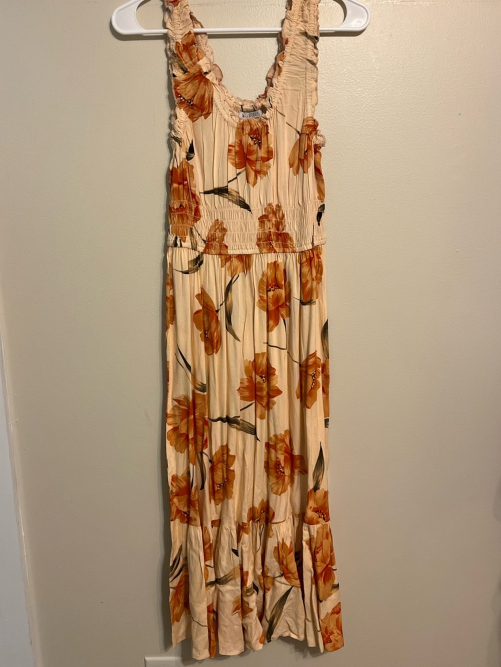 "Patrons of Peace" Cream Maxi Dress with Orange Floral Print *New without tags*